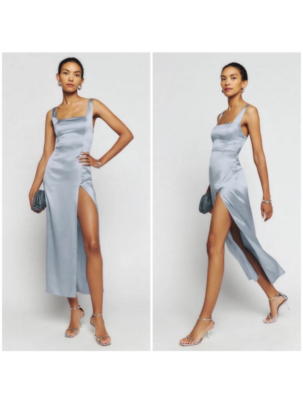 Reformation Silver Satin Square-Neck High-Slit Maxi Dress